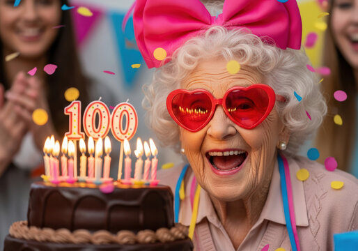 Joyful centenarian celebrates her 100th birthday with cake and candles