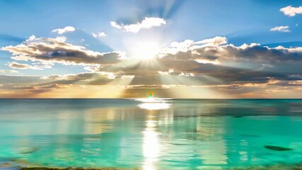 Golden Sun Rays Piercing Through Clouds Over a Tranquil Turquoise Ocean Horizon at Sunrise or Sunset - Powered by Adobe