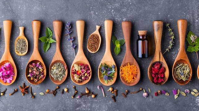 Assortment of dried herbs and botanicals in wooden spoons, arrayed on a dark grey surface