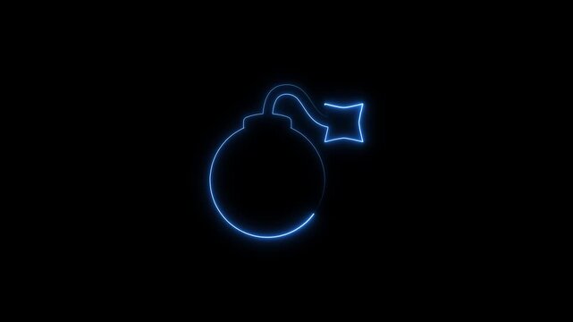 Blue Neon Bomb Outline with Fuse on Black explosion