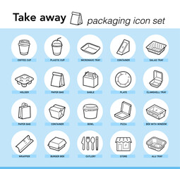 Take away food packaging icons sheet. Vector elements for infographics. Set of sign for detailed guideline. Ready for your design. EPS10.