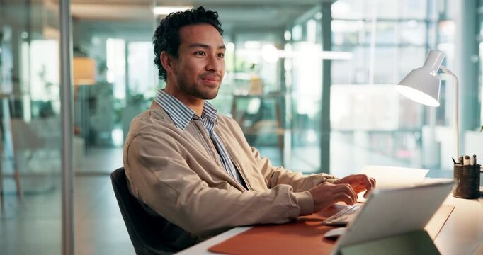 Computer, typing and businessman in office with finance review for budget planning online. Technology, reading and male financial manager working on investment proposal with stock market in workplace