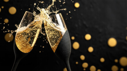 Two luxury black champagne glasses clinking with a splash. Elegant illustration with golden bokeh lights on a dark background for New Year or anniversary celebration.

