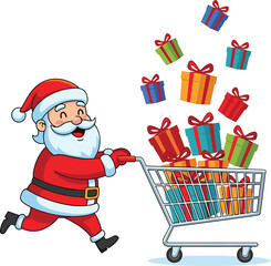 Smiling Santa Claus Pushing Shopping Cart Full of Gifts, Christmas Sale, Holiday Presents, Ecommerce, Festive Marketing, Vector Illustration