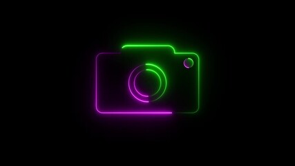 Glowing neon camera icon isolated with looped animation on black background. Bright flashes for overlay video camera. Social media video camera icon for app animated..