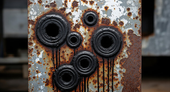 Corroded metal surface with peeling paint, featuring abstract dripping black tar textures