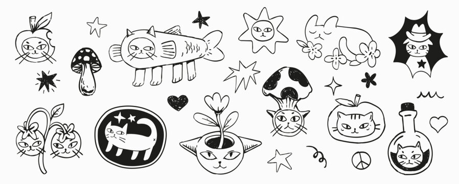 Surreal collection of hand-drawn cat illustrations blending naive art, psychedelic motifs, fantasy plants, mushrooms, and mystical symbols. Playful, quirky, and perfect for modern creative projects.