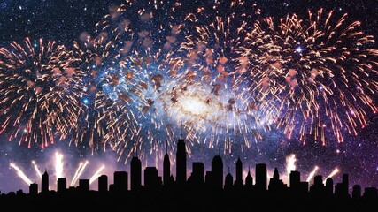 Colorful fireworks display over silhouette city skyline at night