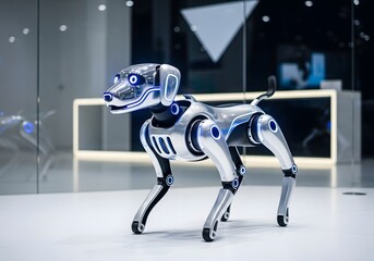 A metallic robot dog with blue lights stands in a modern building