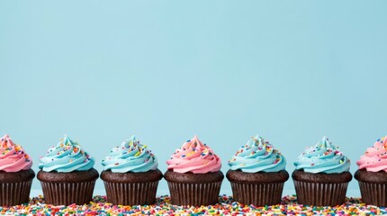 Colorful cupcakes with sprinkles and frosting on a light blue background