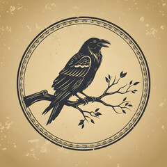 Naklejka premium Raven on Branch Emblem: A detailed illustration of a raven perched on a tree branch, enclosed within a decorative circular frame. evoking mystery and the beauty of nature.