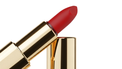 Red lipstick in a shiny gold tube isolated on white background with a beautiful makeup accessory focus