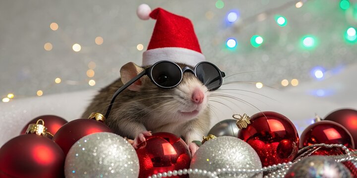 rat waring santa claus and christmas tree