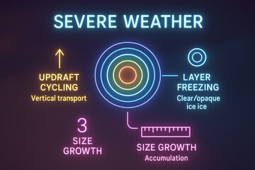 Detailed infographic of hailstone growth layers and formation process for meteorology education