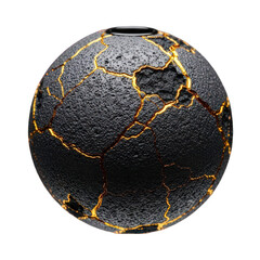 A striking spherical black object with intricate golden cracks, reminiscent of kintsugi art or a damaged planet, isolated on transparent background