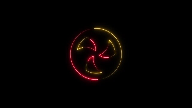 Red and yellow neon triple comma symbol on black background Keywords: symbol, abstract, red
