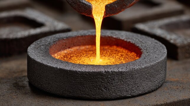 Molten metal pouring in steel factory industrial casting process glowing material in high fidelity