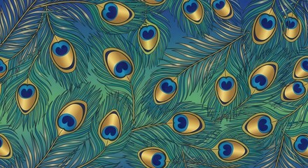 Elegant peacock feather motif for fabric design with iridescent blue and gold tones pattern