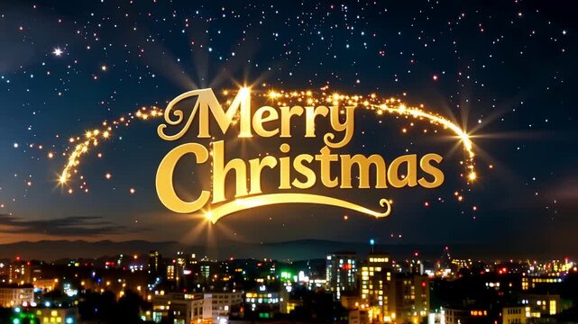 Golden Sparkling Merry Christmas Text Animation with Glitter Trail over a Starry Night Sky
