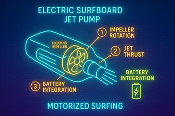 Futuristic electric jetboard rider gliding on water at high speed for water sports and action adventure