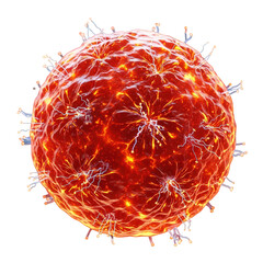 Closeup view of a microscopic pathogen or virus particle, glowing red with spiky surface structures, isolated on transparent background
