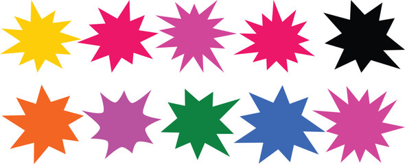 Colorful starburst shapes set. Multicolor spiky explosion silhouettes in bold flat style. Decorative burst elements for sale badges, comic effects and modern graphic design. Vector illustration.