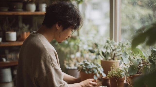 Young man sitting in front of a window, looking out at a potted plant. he is wearing a beige t-shirt and has dark hair and glasses.