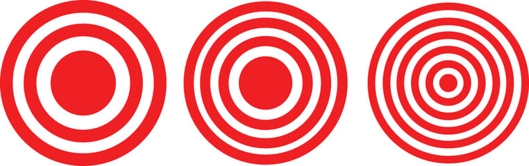 Red concentric circles set. Bold target and bullseye style round patterns with multiple rings. Abstract focus and attention elements for retro, poster and graphic design. Vector illustration.
