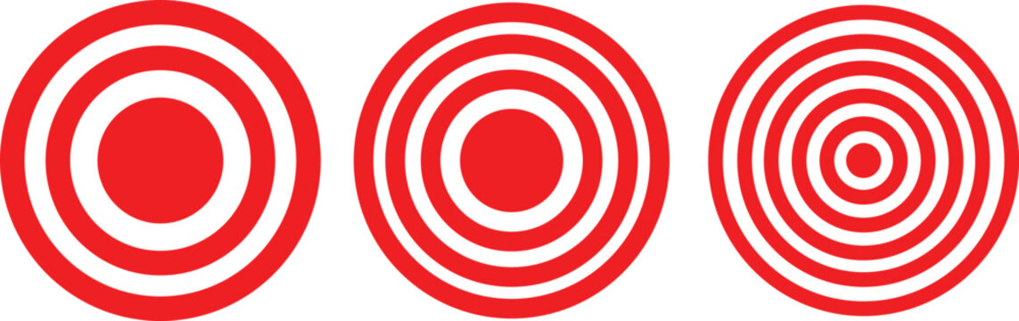 Red concentric circles set. Bold target and bullseye style round patterns with multiple rings. Abstract focus and attention elements for retro, poster and graphic design. Vector illustration.