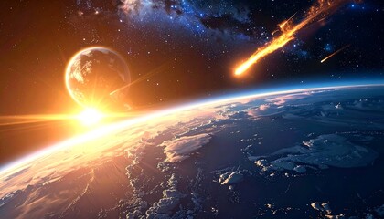 Obraz premium Earth sunrise with space elements, including a moon and meteor shower, against a star-filled, dark backdrop