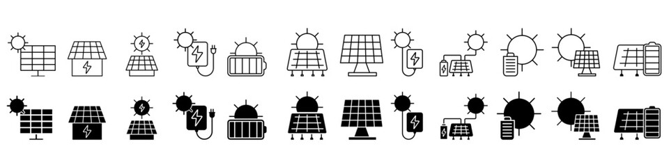 Solar panels vector icon set. Solar energy illustration sign collection. Solar charging symbol. Alternative energy logo.
