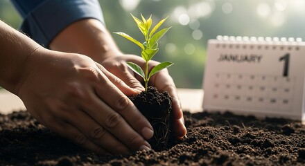 Hands Planting Small Green Seedling in Soil Near Calendar with January Date