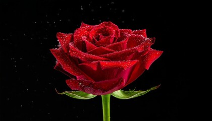 Vibrant red rose with delicate water droplets on a black background, showcasing its beauty and elegance