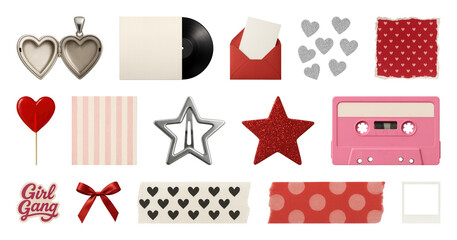 PNG Retro love-themed scrapbook element set, transparent background