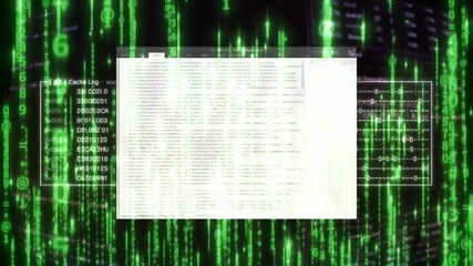 A digital interface with a central white screen against a green matrix code background, suggesting data processing or a virtual environment. - Powered by Adobe