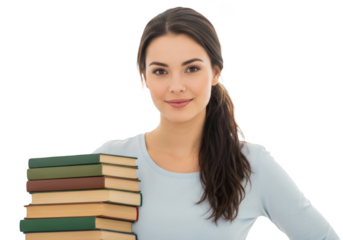 A young woman with long brown hair smiling while holding a stack of books, beautiful, book, carry, catch, girl, hand, portrait, smile, stack, woman 