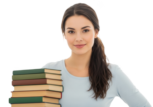 A young woman with long brown hair smiling while holding a stack of books, beautiful, book, carry, catch, girl, hand, portrait, smile, stack, woman - Powered by Adobe
