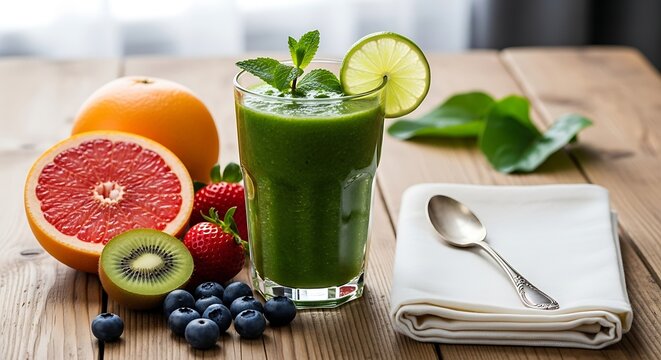 Fresh Green Fruit Juice with Citrus Lime Kiwi Strawberries and Blueberries on Wooden Table