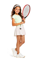 Naklejka premium Smiling Young Latina Girl with Tennis Racket, Isolated Background