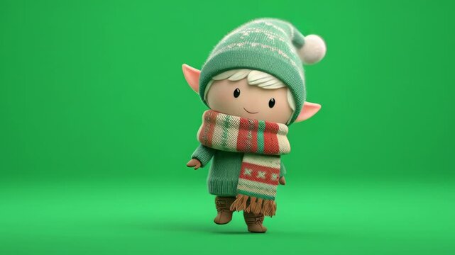 Cute 3D christmas elf character emoji walking on a green screen background