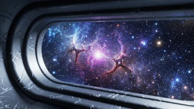 Cosmic view through a futuristic window starry night sky with nebulae and galaxies