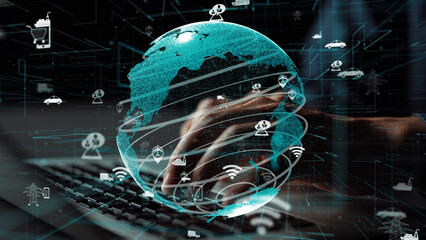 Experience the fusion of global connectivity and advanced technology with this vibrant visual, portraying a digital landscape of data analysis and innovative communication systems. Xenic