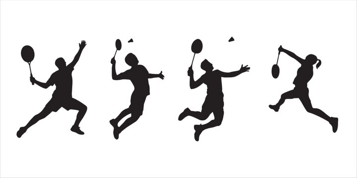 Vector art of dynamic silhouettes of badminton players in action, isolated on a white background.