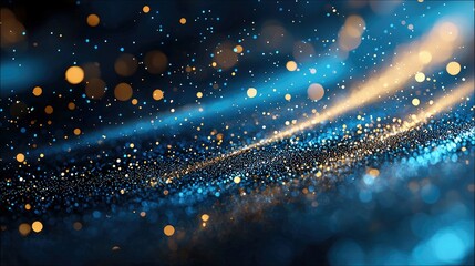 An abstract digital art piece featuring a dark background filled with shimmering golden and blue particles, with glowing streaks of light creating a sense of mo