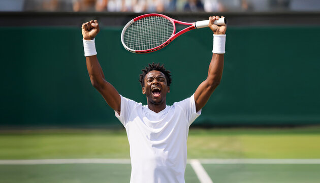 Triumphant African American Tennis Player Raising Arms in Celebration
