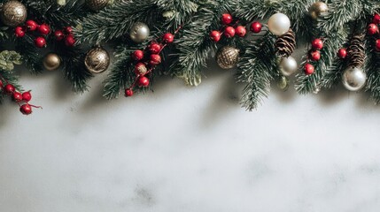 Festive christmas garland with red berries pinecones and baubles hanging over a textured white background