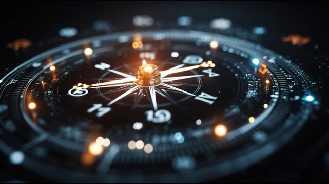 Futuristic compass navigation direction guidance exploration journey travel adventure map discovery pulse with glowing lights and metallic detail dark scene, neon radial dial guides viewers with