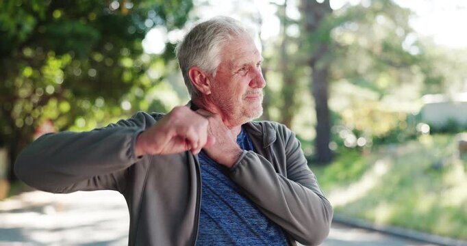 Senior man, neck pain or neighborhood with injury on road for workout accident, exercise or fitness. Elderly, male person or sore joint with shoulder for muscle tension, bruise or sprain on street