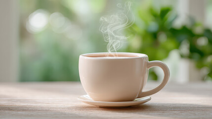 Obraz premium Hot cup of tea sits on wooden table, steam rising gently into air, creating cozy atmosphere perfect for relaxing day
