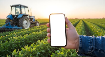 Hand Holds Phone Over Agricultural Field with Tractor Working in the Background
